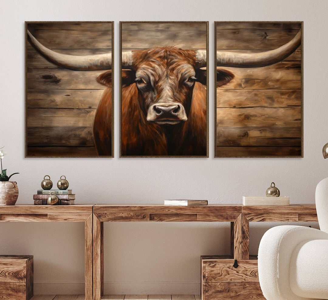 Longhorn Bull Canvas Print: Rustic Farmhouse Decor, Ready to Hang Western Barn Art.