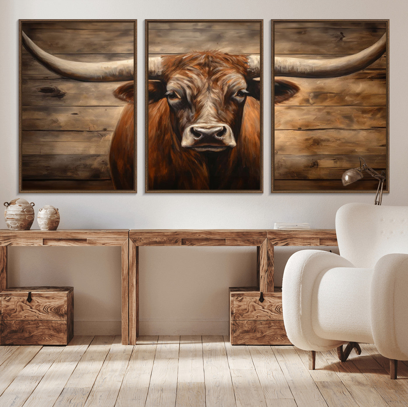 MGV-FC-60X30-3P - Longhorn Bull Wall Art | Canvas Print | Ready to Hang | Rustic Farmhouse Wall Decor | Western Barn