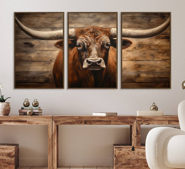 Longhorn Bull Canvas Print: Rustic Farmhouse Decor, Ready to Hang Western Barn Art.