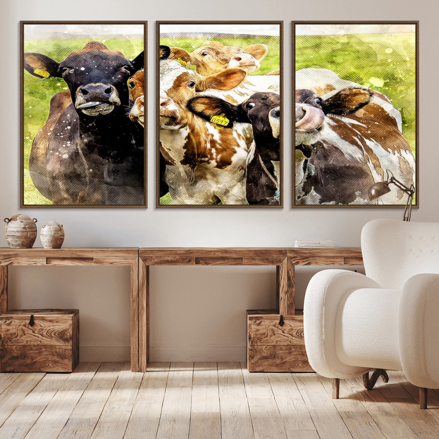 MGV-FC-60X30-3P - Curious Cows Farmhouse Wall Art | Ready to Hang and Framed Canvas Print | Rustic Farm Decor