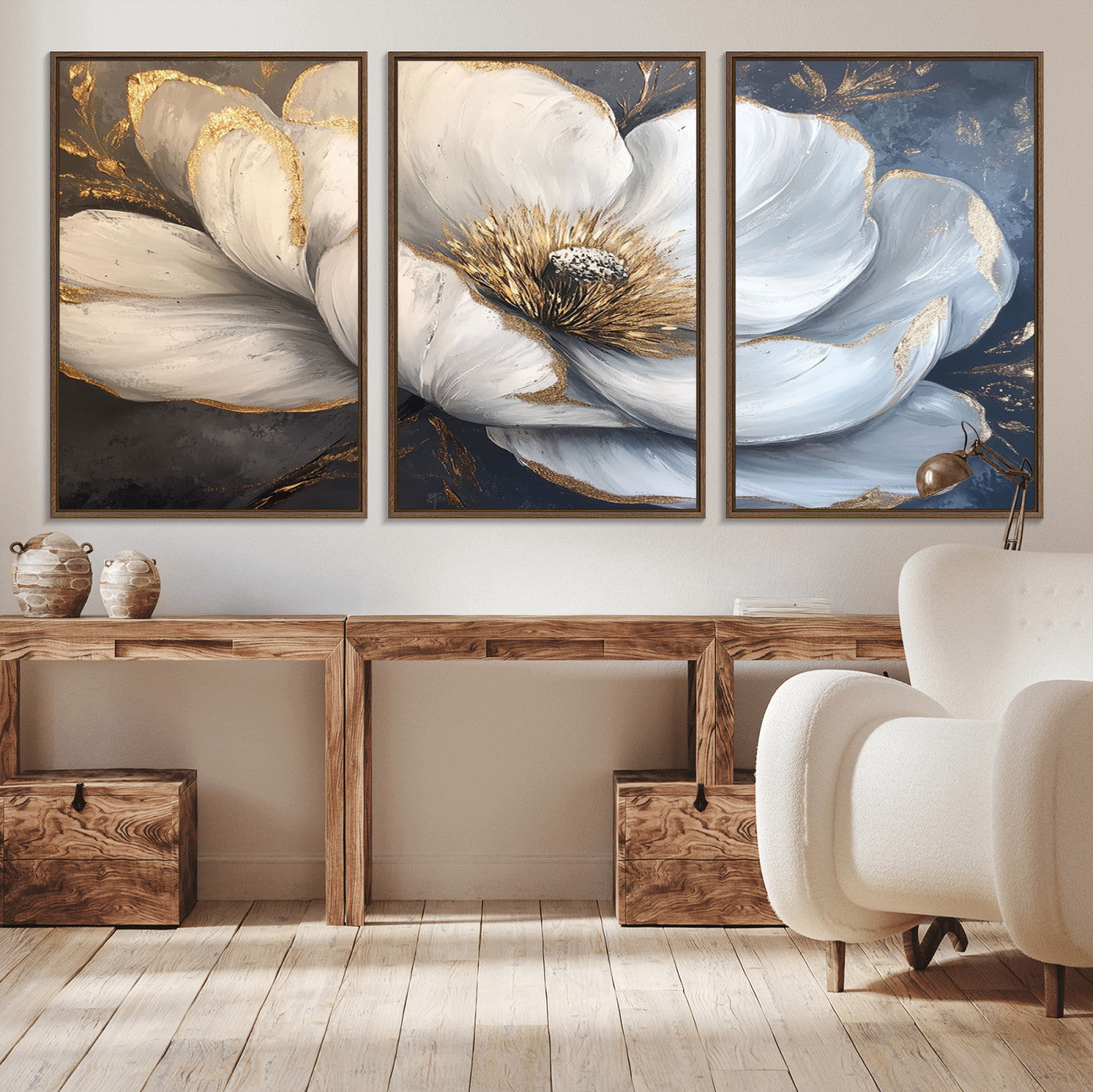 MGV-FC-60X30-3P - White Magnolia Flower Wall Art Canvas Print | Abstract Floral Wall Decor | Elegant Bloom Artwork |