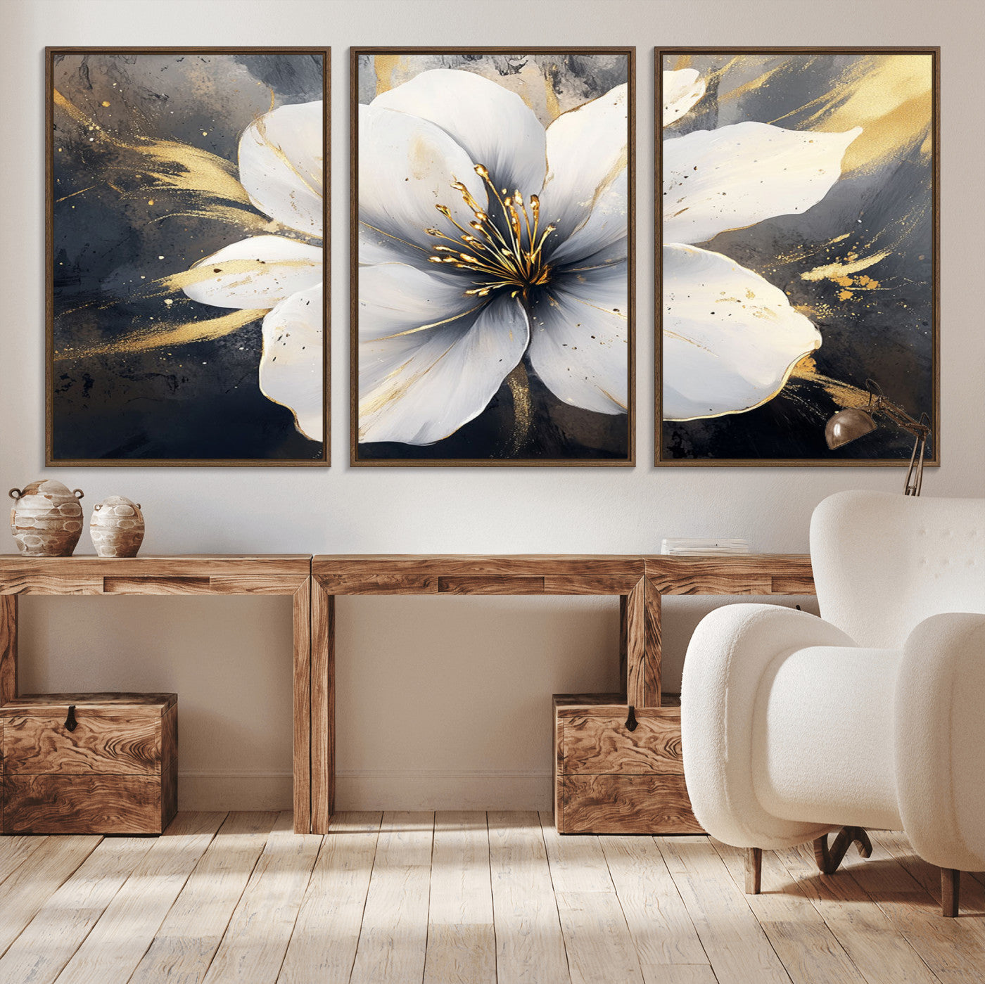 MGV-FC-60X30-3P - White Flower Wall Art Canvas Print | Ready to Hang | Abstract Floral Wall Decor | Elegant Bloom