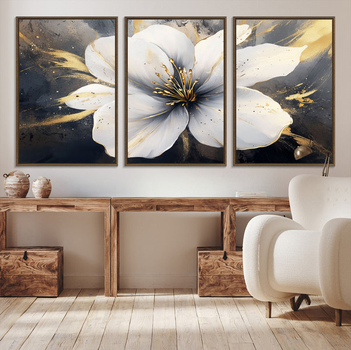 White Flower Wall Art | Canvas Print | Ready to Hang | Abstract Floral Wall Decor | Elegant Bloom Artwork | Framed for Living Room or Bedroom