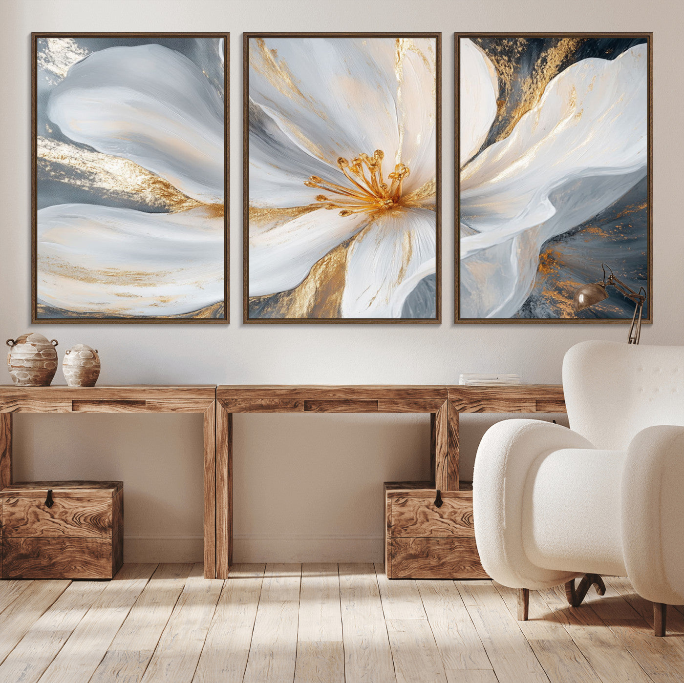 83149-MGV-CV-36X24-White and Gold Floral Canvas Wall Art - Framed and Ready to Hang - Perfect for Modern Living Rooms