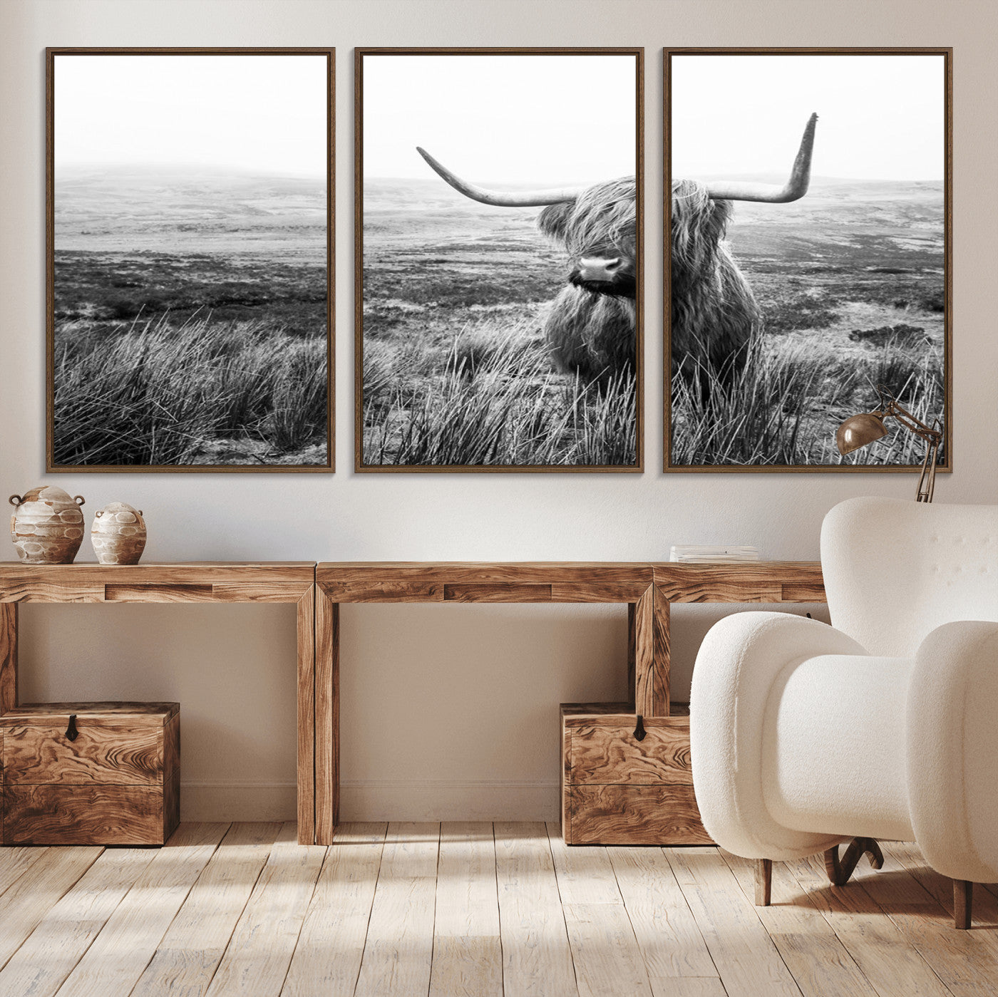 MGV-FC-60X30-3P - Scottish Highland Cow Wall Art | Black and White Canvas Print | Ready to Hang and Framed | Rustic