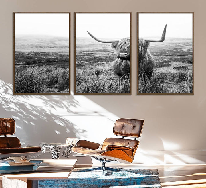 The Scottish Highland Cow black and white canvas print adds rustic farmhouse charm to any wall.