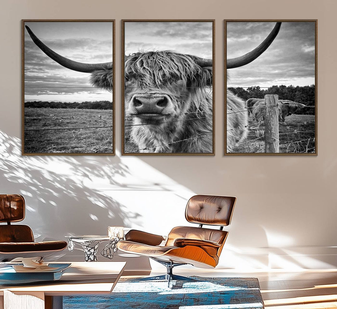 The Scottish Highland Cow Wall Art Canvas Print is ready to hang and framed, adding rustic farmhouse decor to your wall.