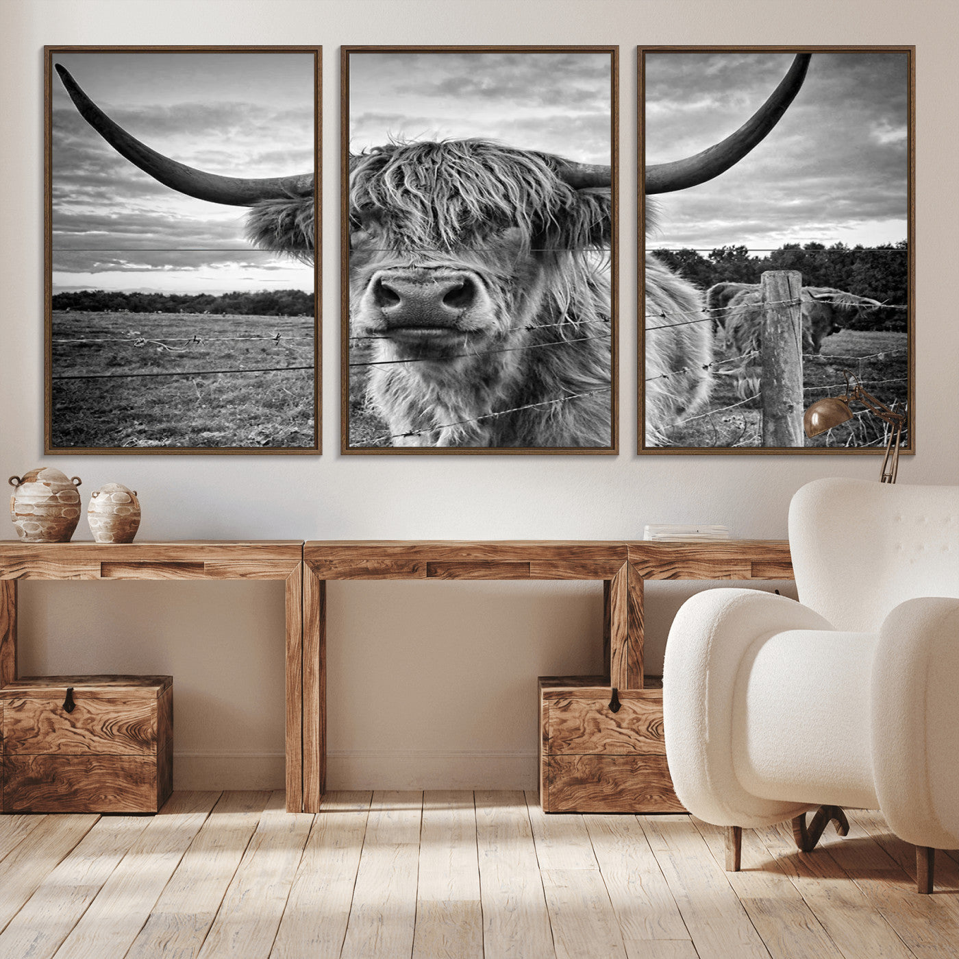 MGV-FC-60X30-3P - Scottish Highland Cow Canvas Wall Art Farmhouse Decor, Framed Scottish Highland Cow Print