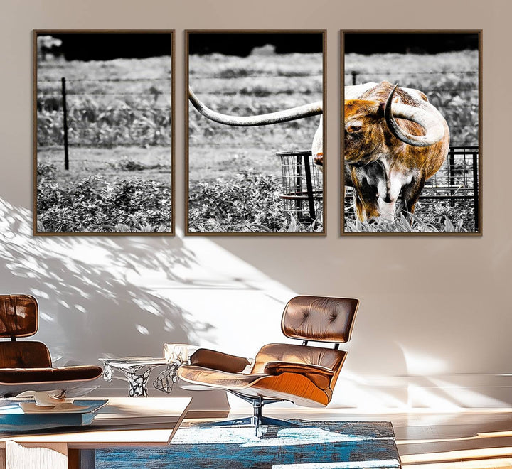 Majestic Texas Longhorn Cow Wall Art features a ready-to-hang canvas print that complements rustic farmhouse décor.