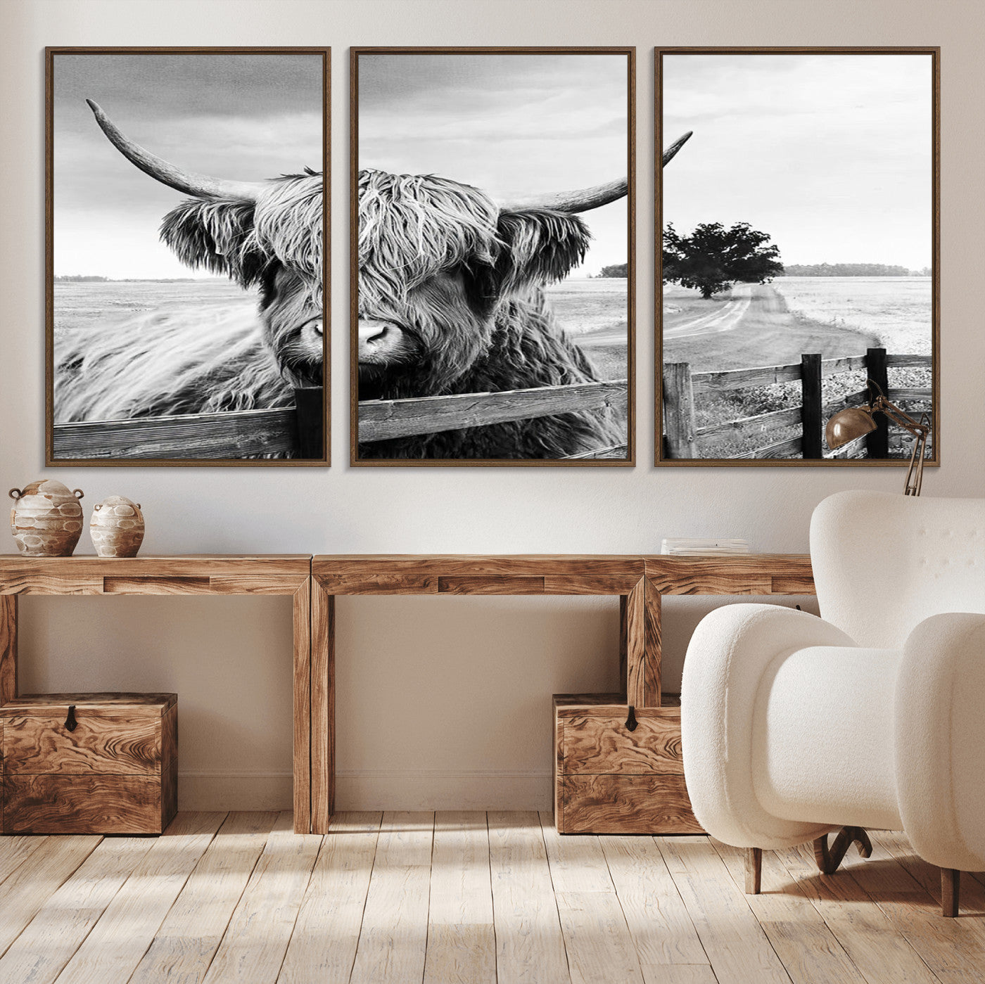 -Scottish Highland Cow Wall Art | Rustic Farmhouse Décor | Black and White Ready to Hang Canvas Print