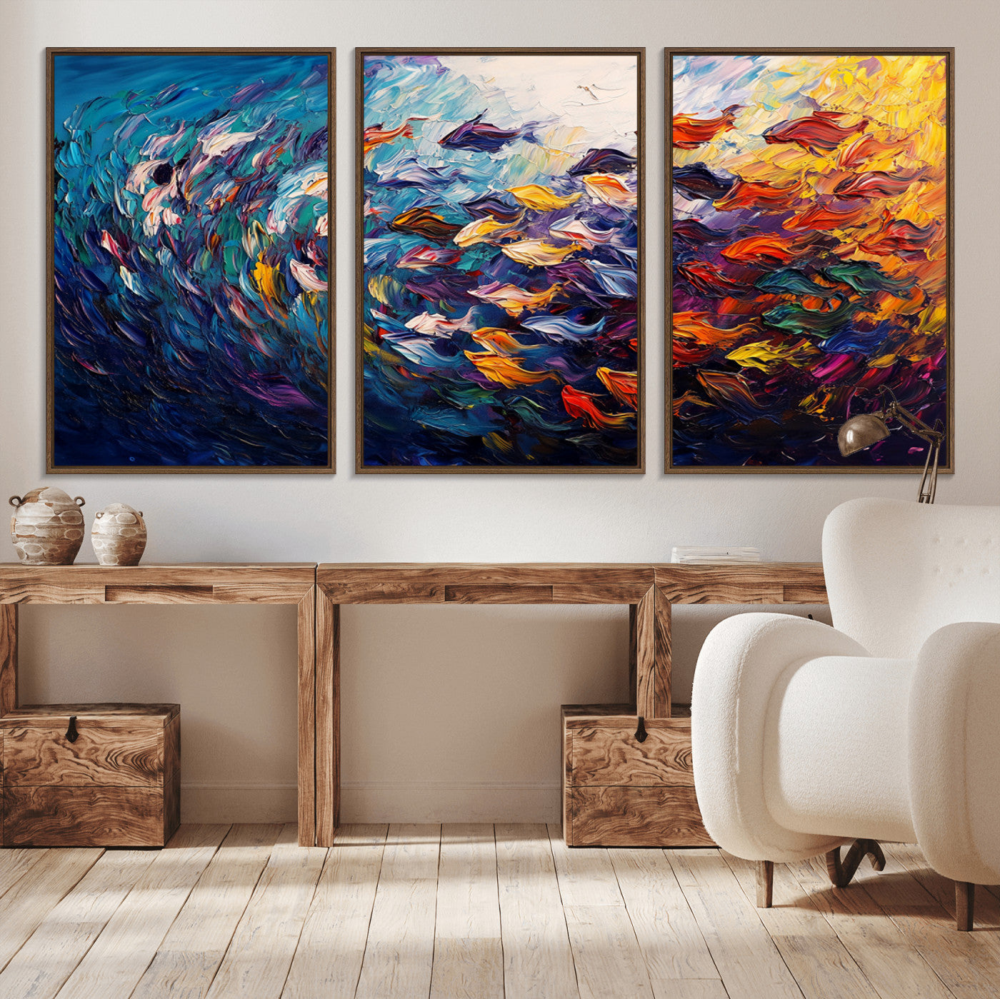MGV-FC-60X30-3P - Vibrant Abstract Fish Swarm Art – Colorful Fish Inspired 3-Piece Canvas Wall Art for Living Room or