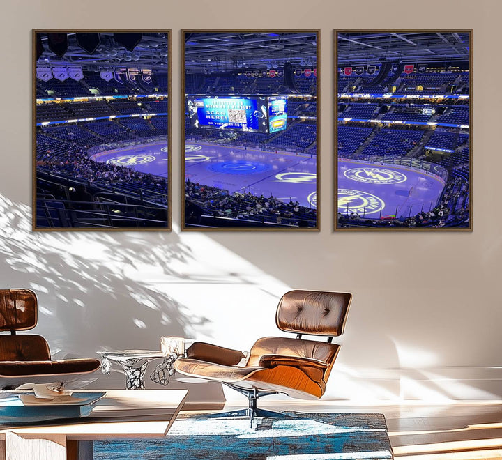 The wall art canvas print at Amalie Arena features team logos on ice, encapsulating the vibrant atmosphere of an NHL hockey stadium.