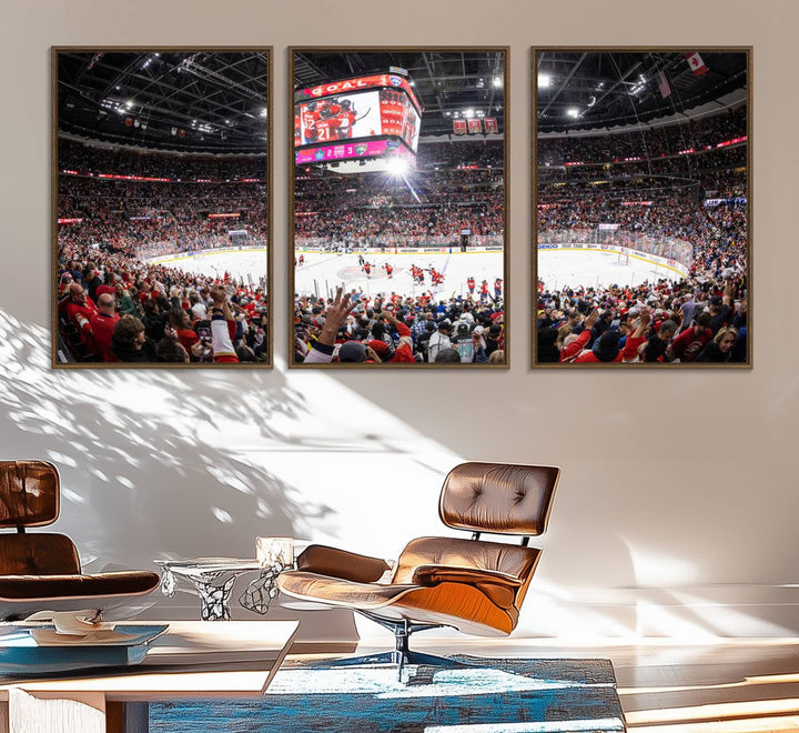 The wall art, a high-quality basketball arena canvas, evokes the excitement of fans cheering at the Amerant Bank Arena.