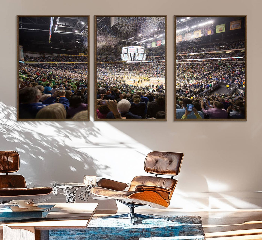 Our ready-to-hang canvas print captures the vibrant scene of the Bridgestone Arena illuminated with fans and confetti.