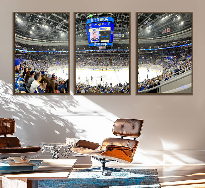 Wall art prints depicting the bustling scenes of the St. Louis Blues being cheered on by a full house at the Enterprise Center, beneath a large scoreboard.