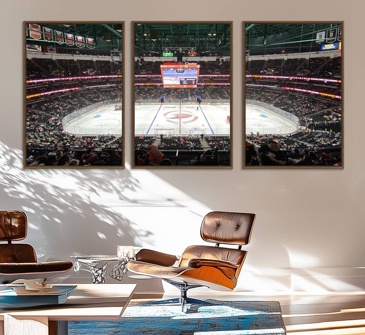 The wall art of the Honda Center California Anaheim Ducks Ice Hockey Stadium features a depiction of the rink and scoreboard from the perspective of the upper deck.