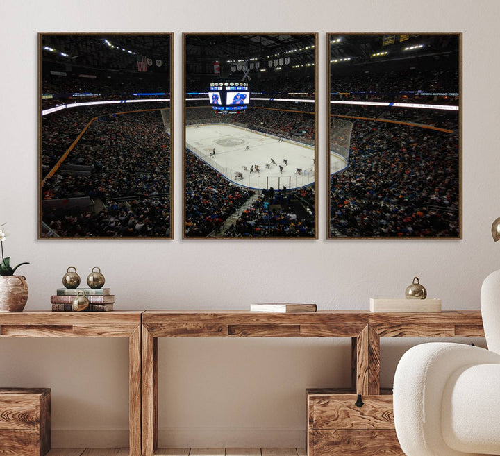 The wall art captures the essence of a Buffalo Sabres game on ice at KeyBank Center, making it deserving of a premium canvas print.