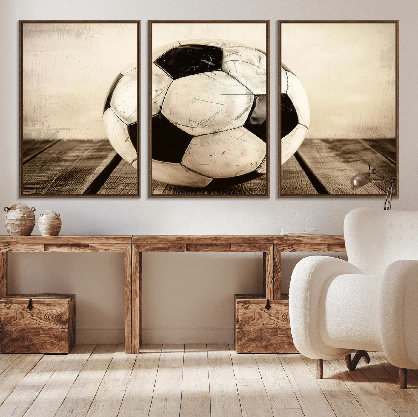 24319-MGV-CV-36X24-Vintage Soccer Ball Wall Decor Canvas Art – 3-Panel Soccer Wall Decor, Framed and Ready to Hang