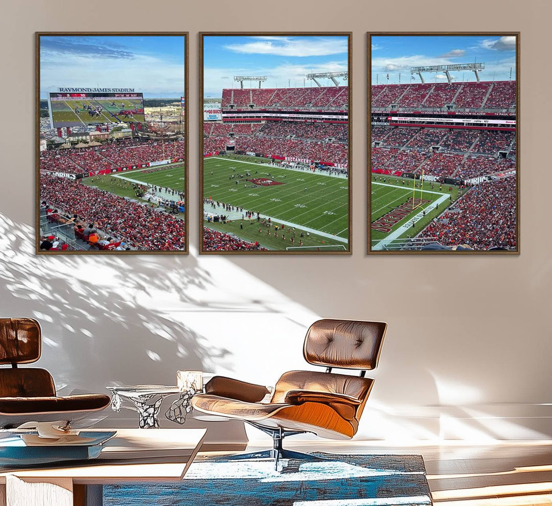 The Florida Tampa Raymond James Stadium Wall Art Canvas Print is featured above the cabinet.