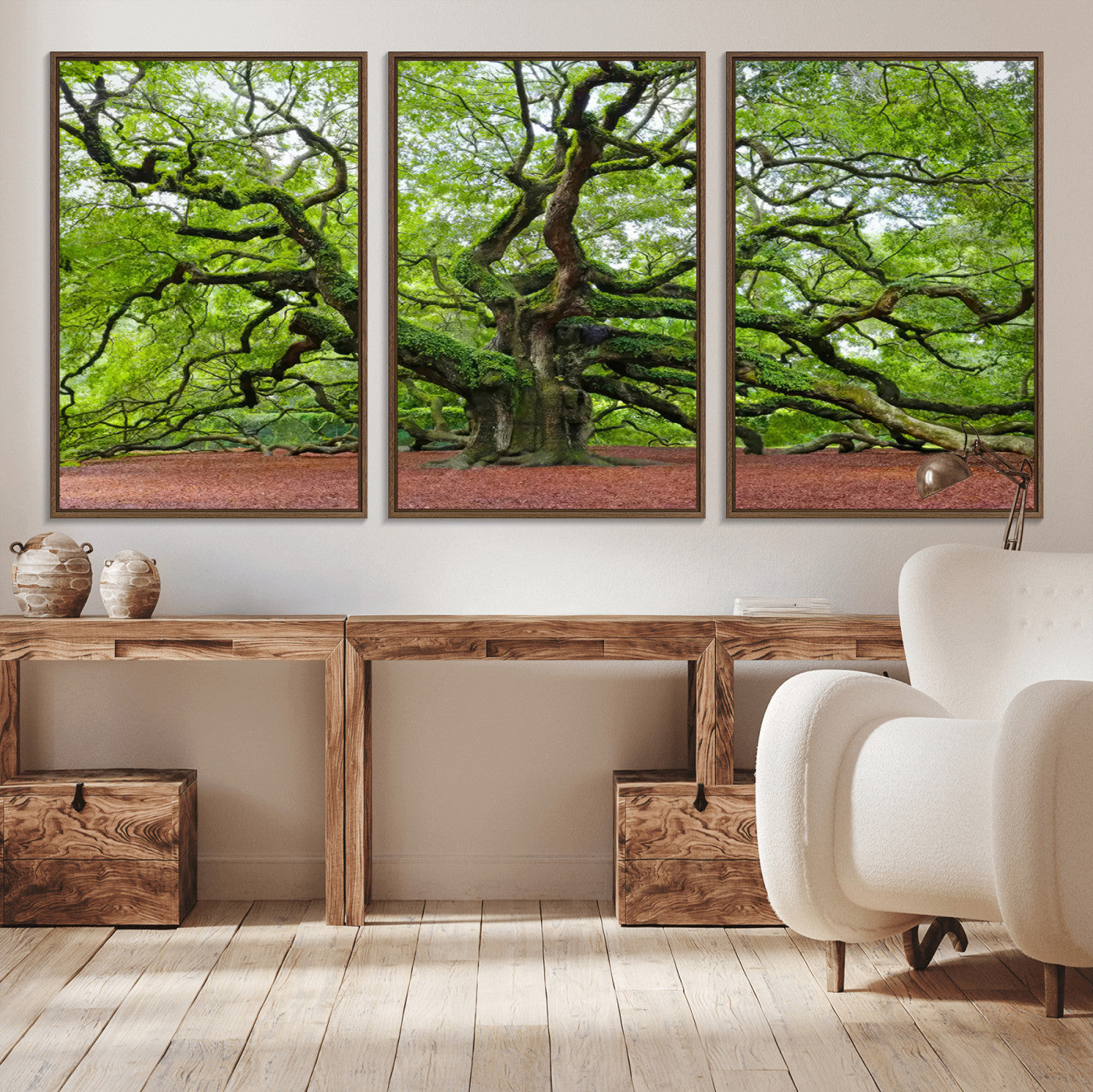 MGV-FC-60X30-3P - Framed Angel Oak Tree Wall Art - 3-Panel Canvas Prints, Large Green Nature Artwork, Ready to Hang