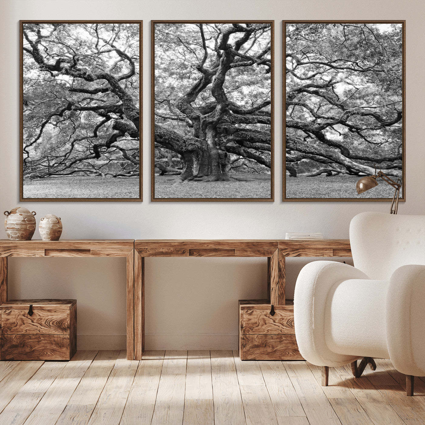 MGV-FC-60X30-3P - Black White Angel Oak Tree Wall Art - Timeless Nature-Inspired Canvas for Rustic, Modern, or