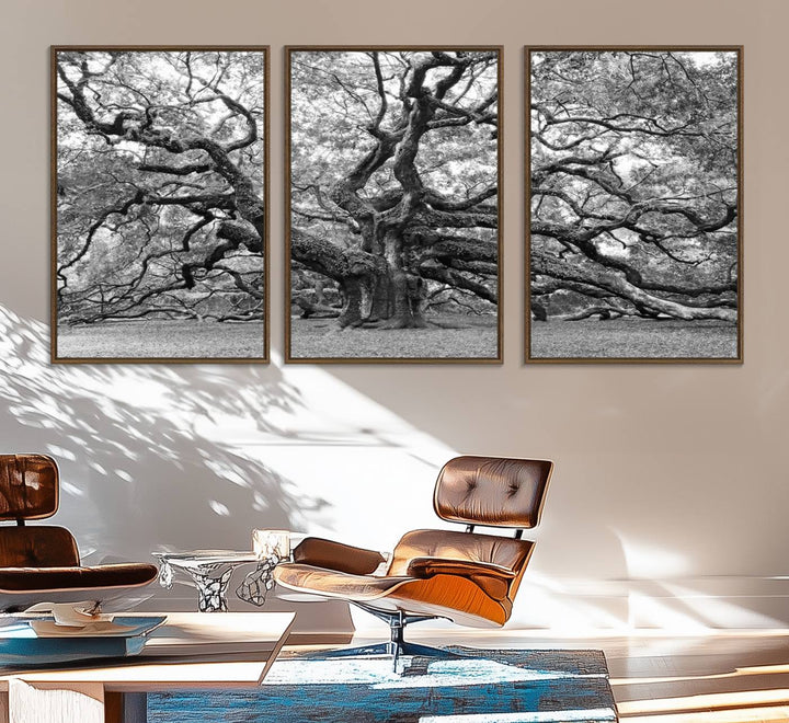 The Black White Angel Oak Tree wall art adds timeless, nature-inspired decor.