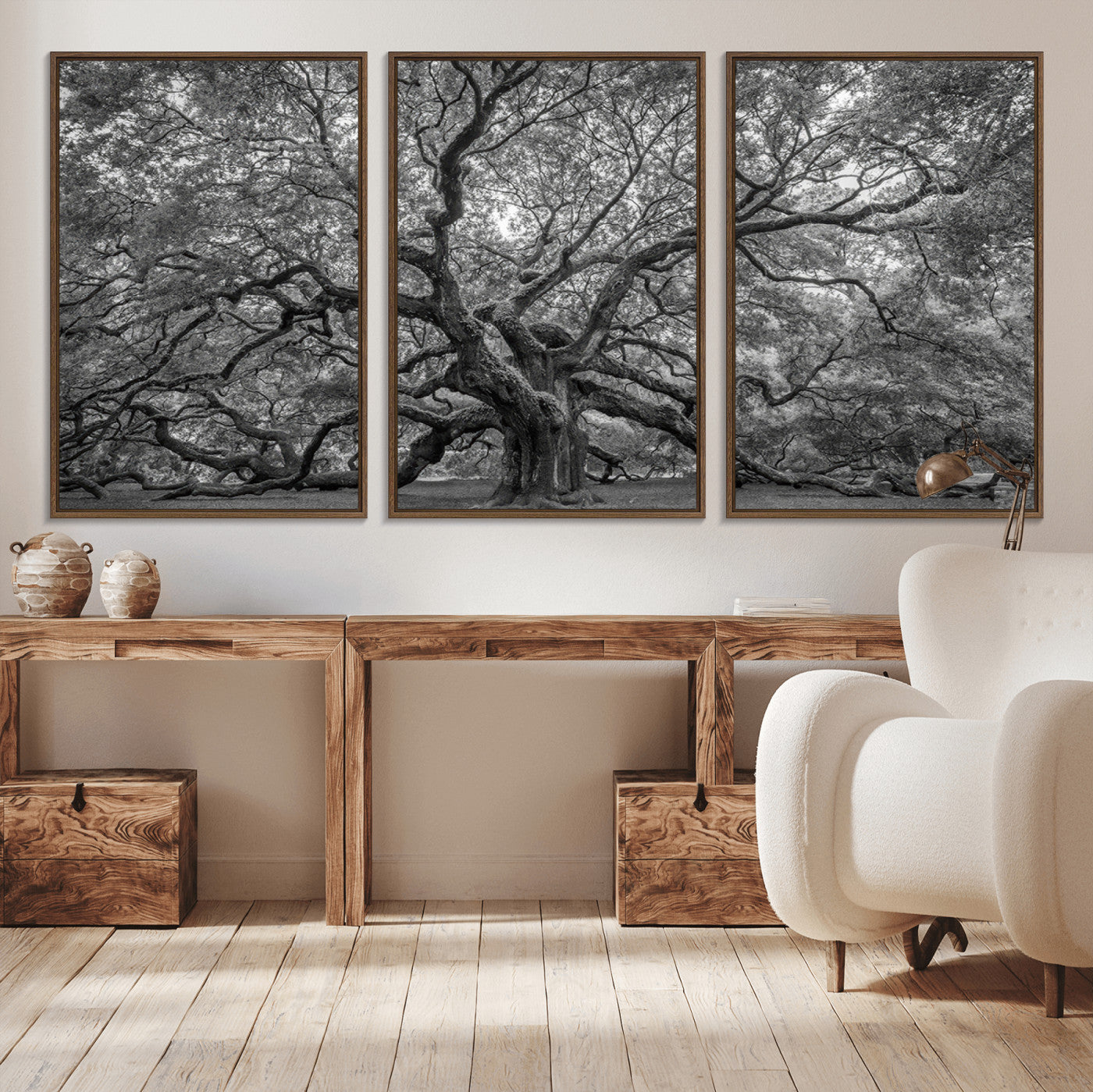 MGV-FC-60X30-3P - Majestic Angel Oak Tree Black and White Canvas Print – Multi Panel Wall Art, Giclée Print, Ready to