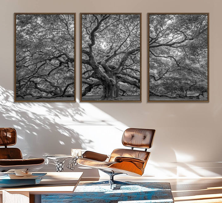 The Majestic Angel Oak Tree canvas print enhances minimalistic decor with its nature photography.