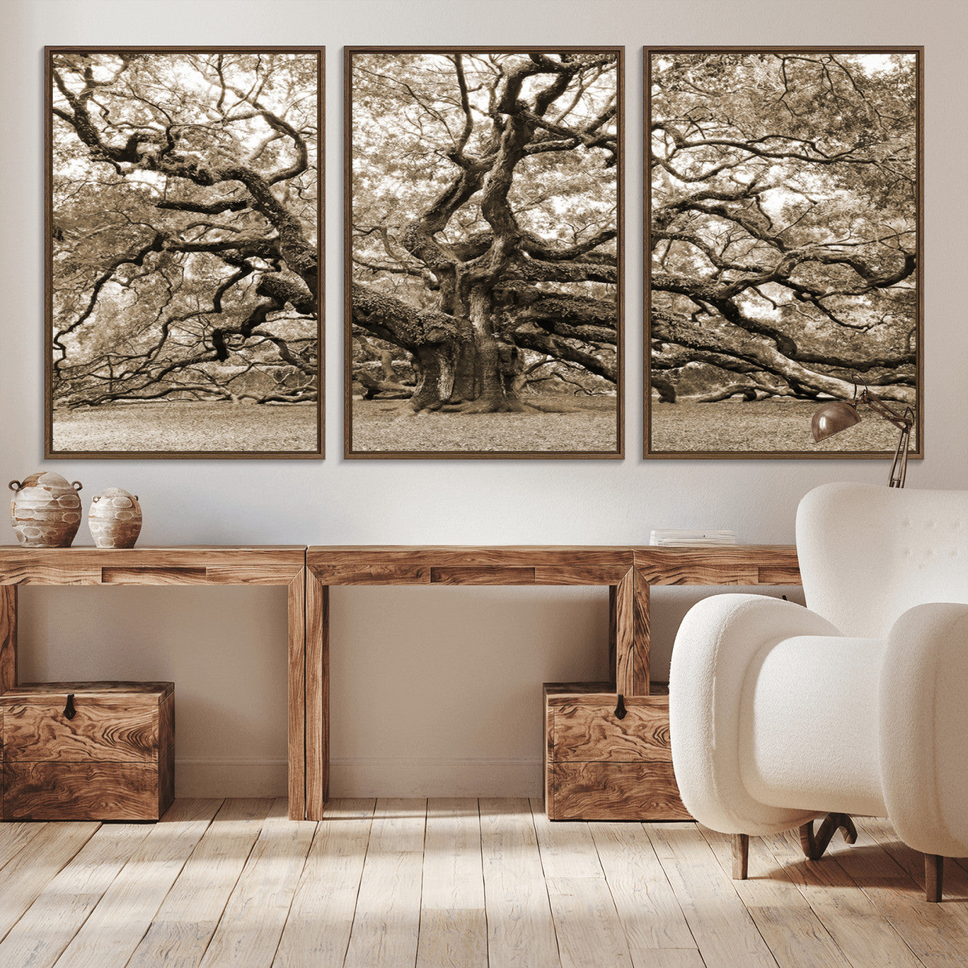 MGV-FC-60X30-3P - Sepia Framed Angel Oak Tree Wall Art - 3-Panel Canvas Prints, Large Green Nature Artwork, Ready to
