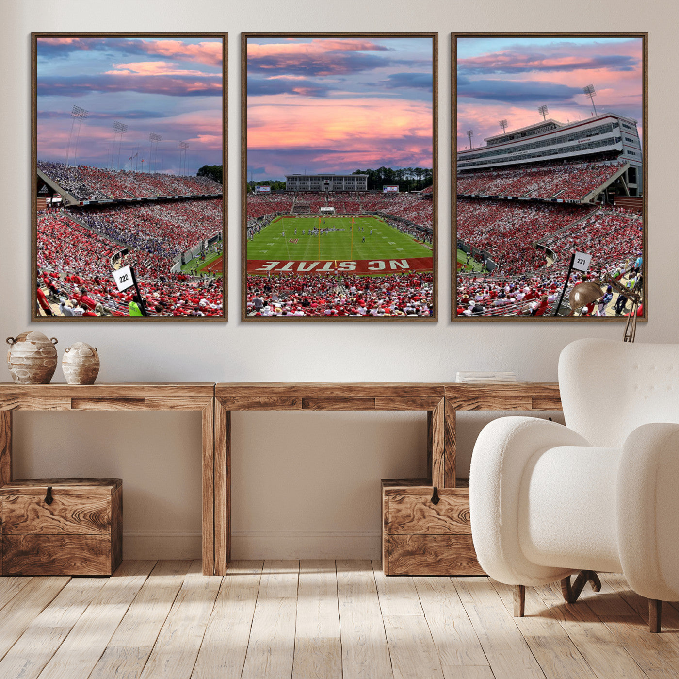 75072-MGV-CV-36X24-Carter-Finley Stadium Art Sunset Game Triple Canvas Wall Art - NC State Wolfpack Football Match