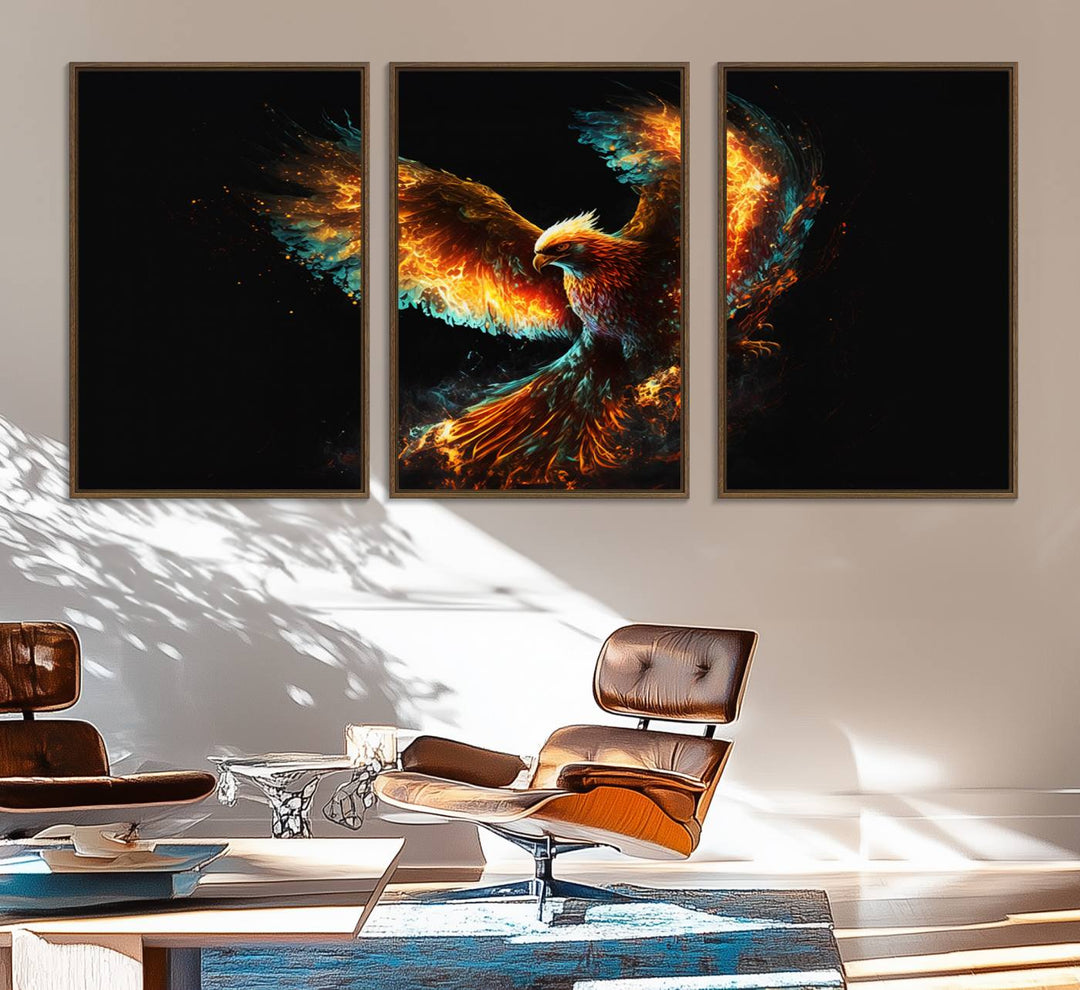 The Fiery Phoenix Canvas Print, showcasing a majestic bird with fiery wings against a black background, makes for the perfect bold decor in your living room.