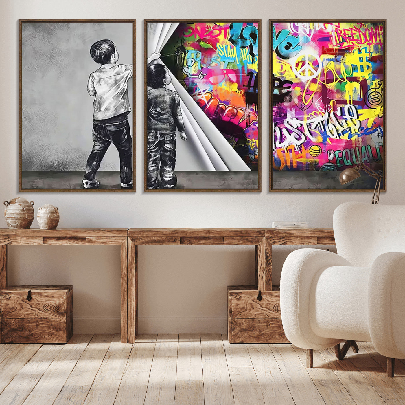MGV-FC-60X30-3P - Banksy Print - Street Art Canvas Wall Art - Kids Revealing Graffiti, Urban Modern Decor for Living
