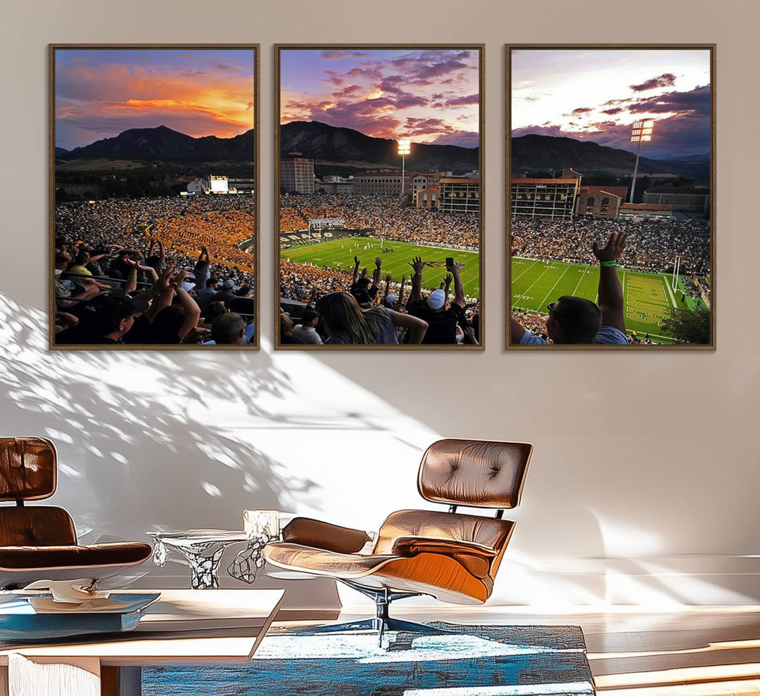 The Folsom Field Stadium Print beautifully captures the Colorado Buffaloes stadium at sunset, set against a stunning mountain backdrop.