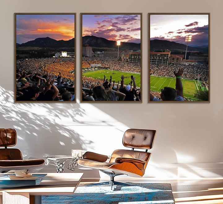 The Folsom Field Stadium Print beautifully captures the Colorado Buffaloes stadium at sunset, set against a stunning mountain backdrop.