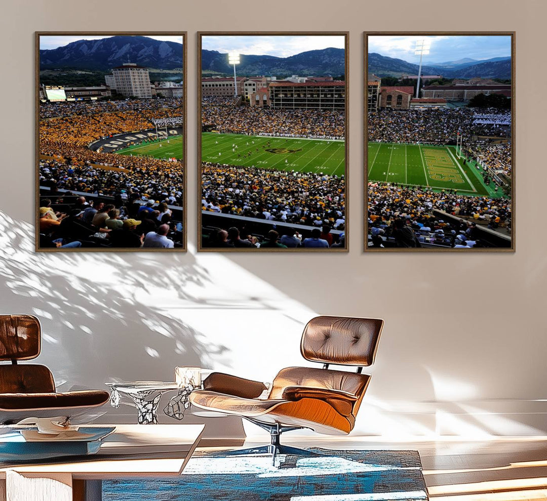 A canvas print captures the Colorado Buffaloes at Folsom Field, framed by mountains in the background.