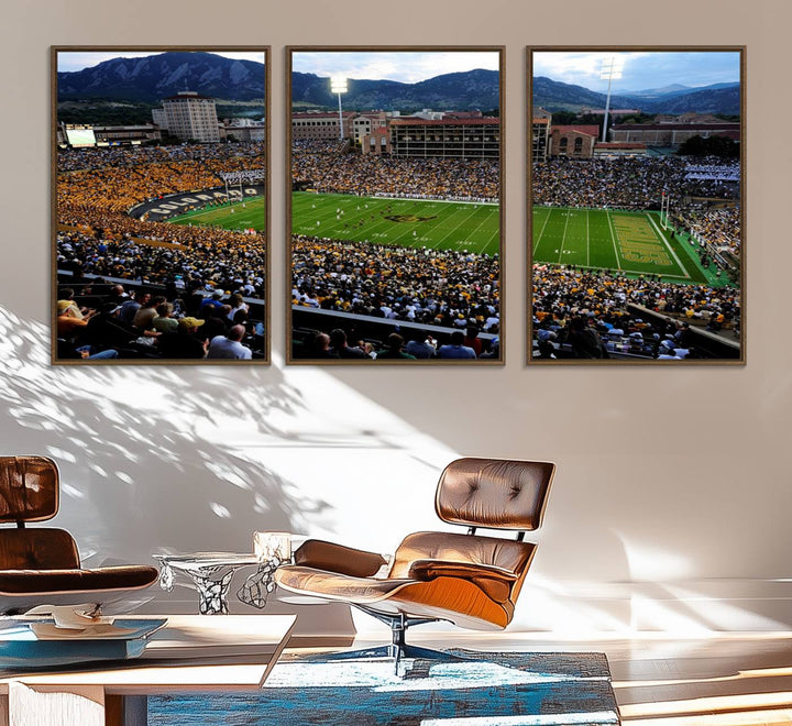 A canvas print captures the Colorado Buffaloes at Folsom Field, framed by mountains in the background.
