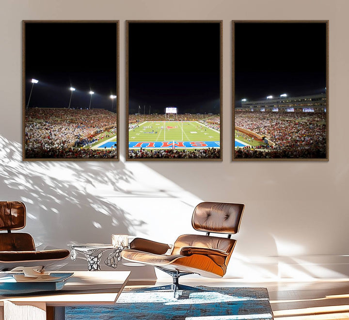 Wide-angle view of a vibrant painting depicting SMU Mustangs Football at Dallas Gerald J. Ford Stadium, capturing the energy and excitement of a filled stadium and brightly lit field.