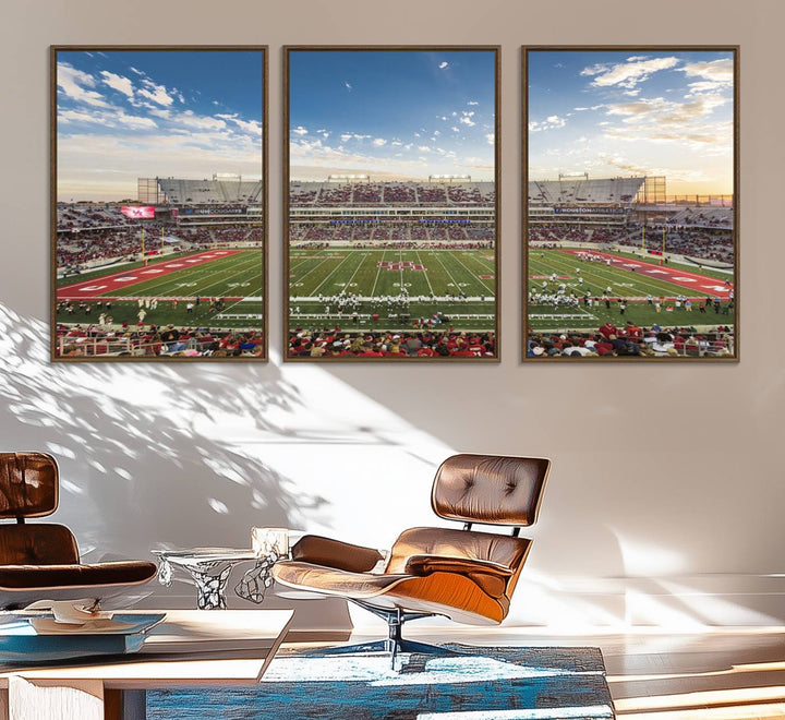 A Houston Cougars print of TDECU Stadium with a game crowd beautifully enhances the living room decor.