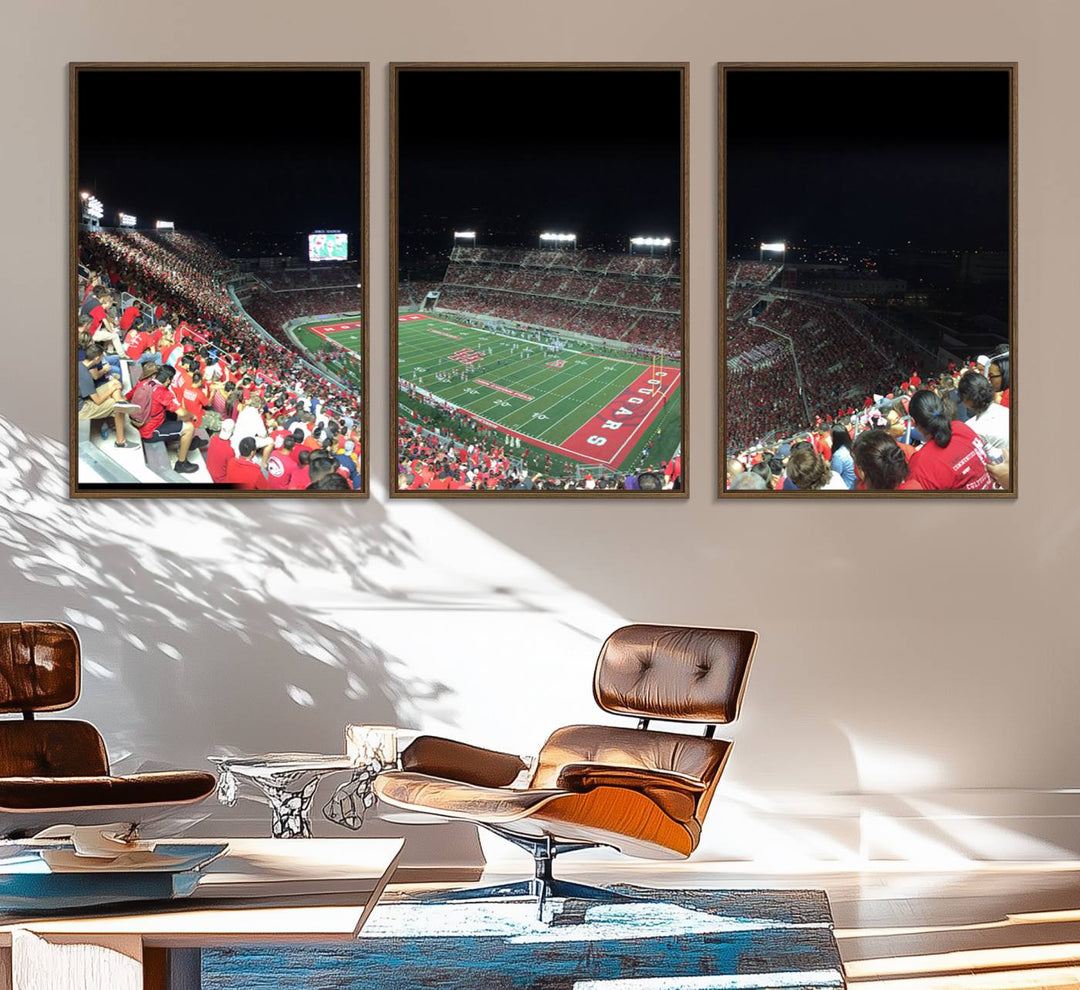 The wall art canvas print features a scene from a packed TDECU Stadium at night, highlighting the field and scoreboard.