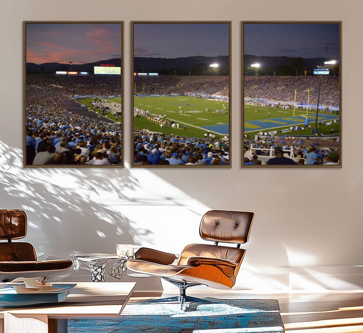 Admire the stunning wall art canvas depicting a UCLA Bruins game with a sunset over the Pasadena Rose Bowl Stadium.