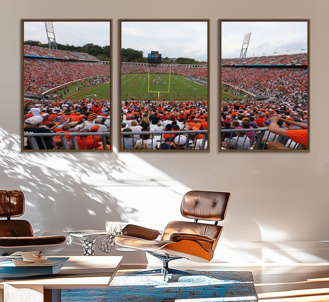 The Virginia Cavaliers Wall Art Canvas Print features a thrilling game at Scott Stadium surrounded by greenery.