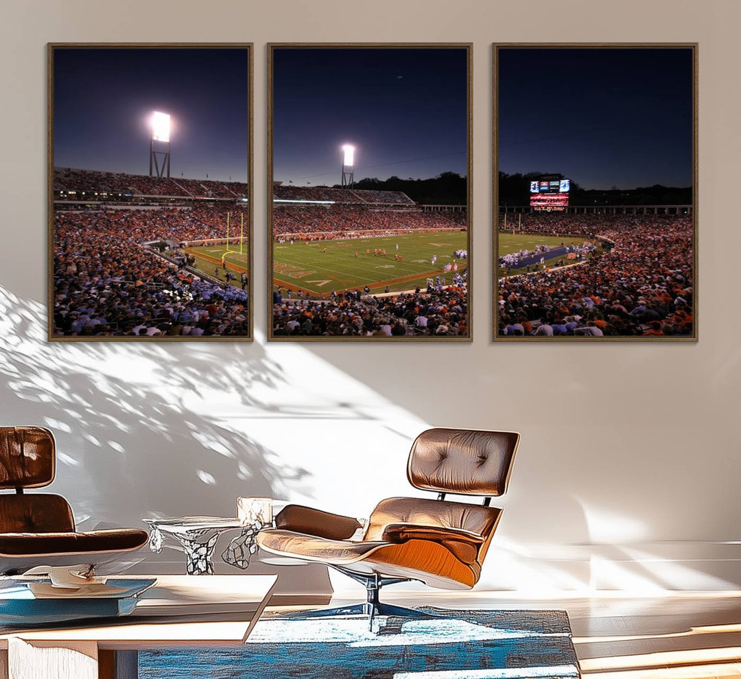 A nighttime game at Scott Stadium, floodlit—a scene from the Virginia Cavaliers Football art print.