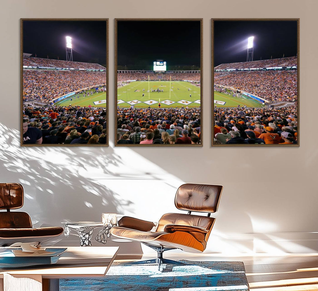 A Virginia Cavaliers Wall Art Canvas Print captures Scott Stadium filled with fans under the night sky.