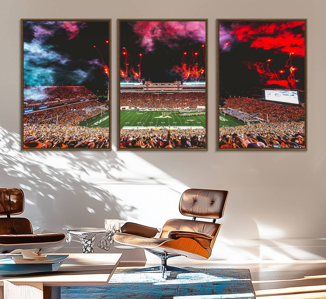 A Hokies football canvas print displays Lane Stadium at night with fireworks.