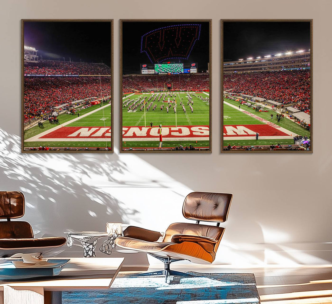 A premium canvas print captures a vibrant scene of Camp Randall Stadium featuring a lively football game with cheering fans and the energetic movements of the band.