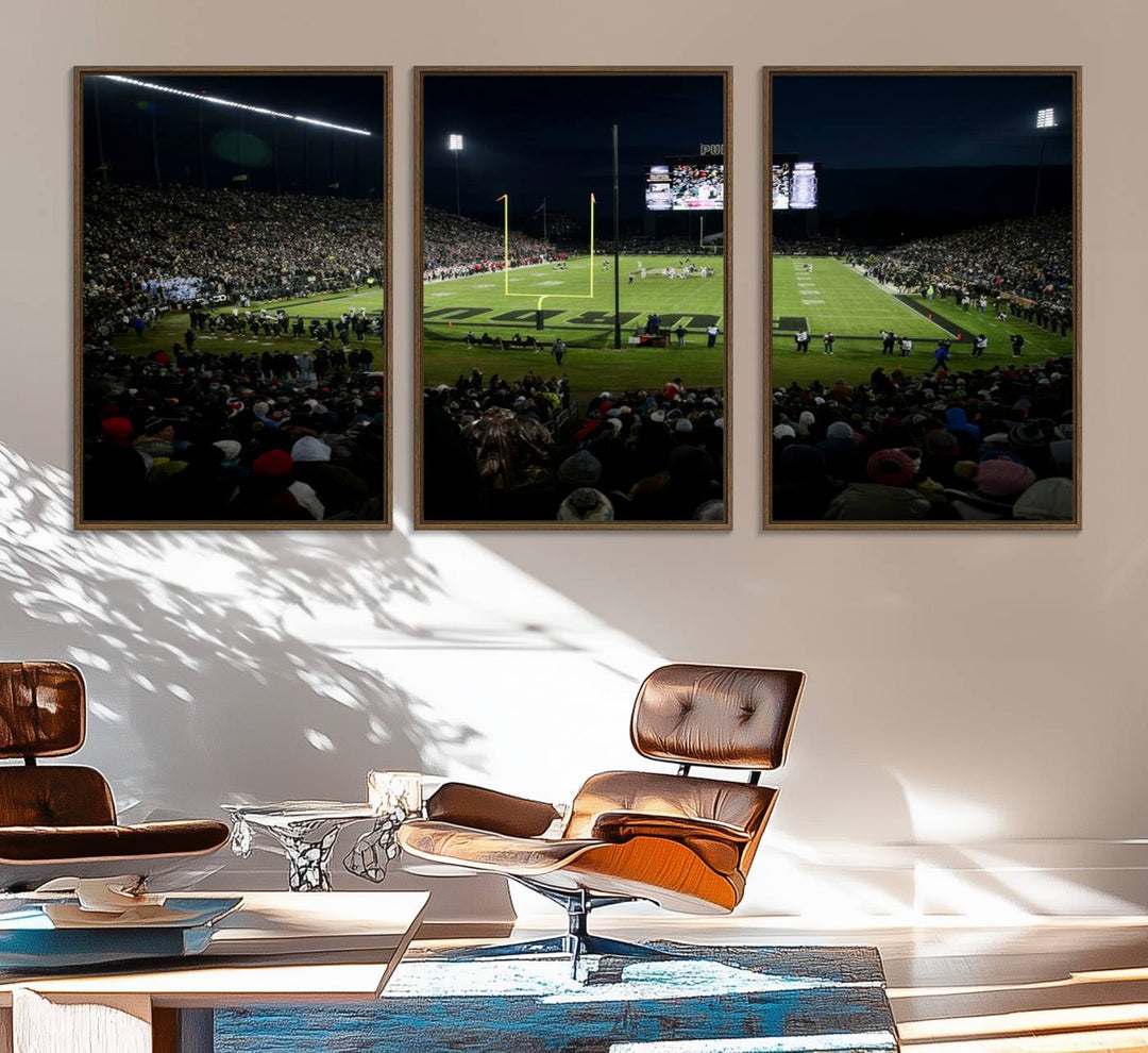 A Purdue Boilermakers canvas print beautifully showcases Ross–Ade Stadium in West Lafayette, vibrant with fans and a large screen display.