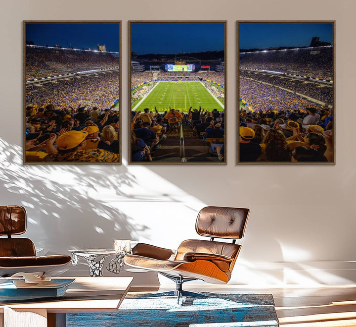 A Pittsburgh Panthers Acrisure Stadium canvas print captures the thrill of a packed stadium under lights and fans cheering.