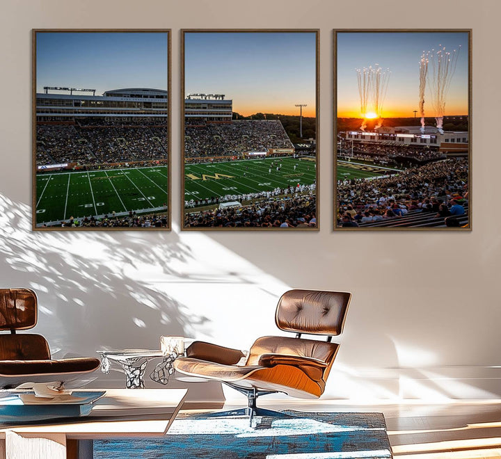 Canvas wall art print depicting the Demon Deacons football stadium at sunset with fireworks.