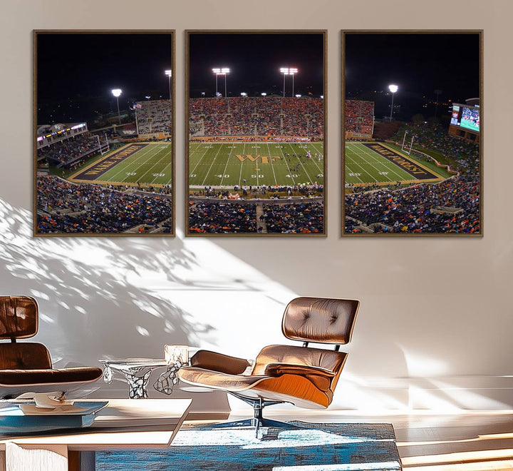 The Demon Deacons stadium print captures a brightly lit, bustling scene on museum-quality canvas.