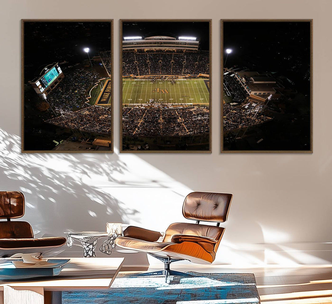 Canvas wall art displays an aerial view of Wake Forest Demon Deacons stadium at night.